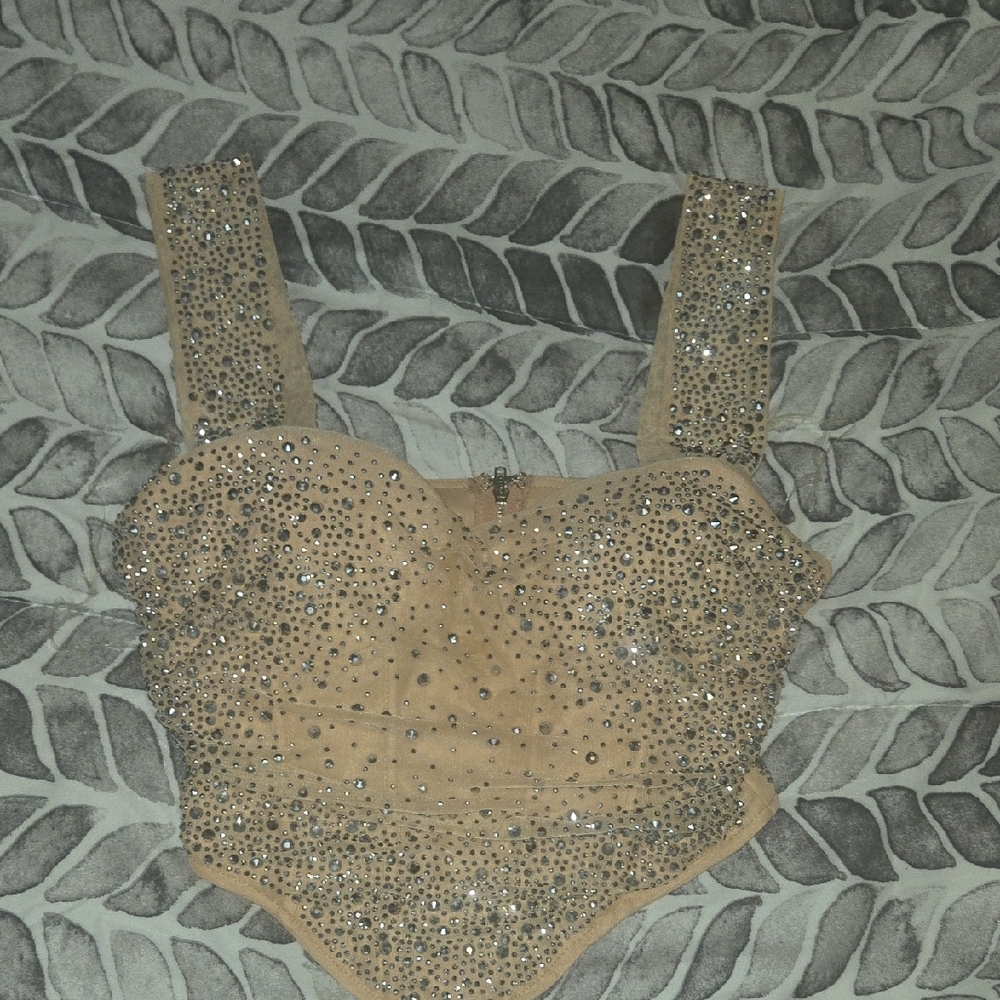 Fashion Nova Tan Crystal Embellished Crop Top